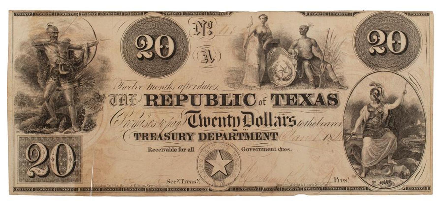 Historical Texas Paper - $20 Republic of Texas Treasury Note