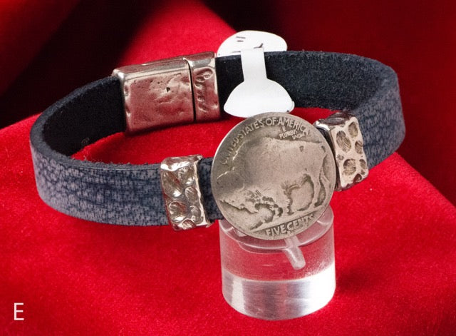 Bison Leather Bracelets by Cathy Crelling - 7.5" Dark Blue Buffalo Nickel