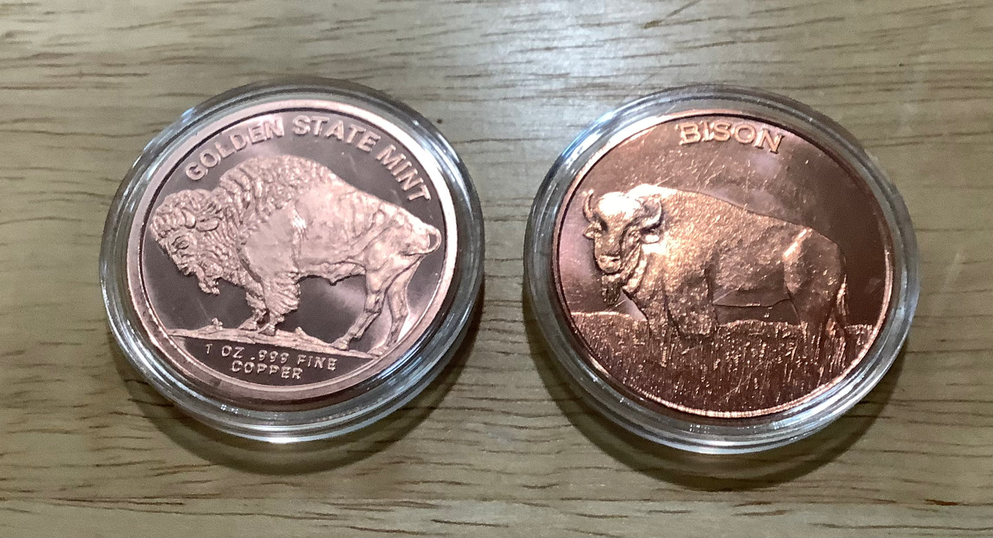 Copper 1 oz "Rounds" - Buffalo Nickel replica and Bison/Eagle -