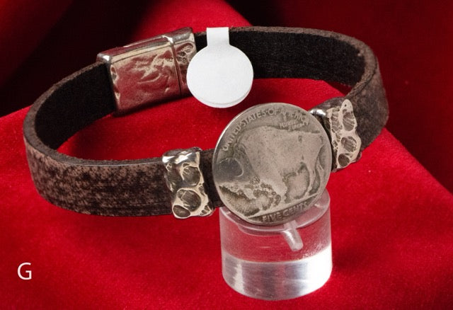 Bison Leather Bracelets by Cathy Crelling - 8" / Silver / Buffalo Nickel
