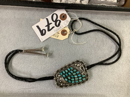 Vintage - Heavy Sterling Silver and Turquoise Needlepoint Bolo Tie