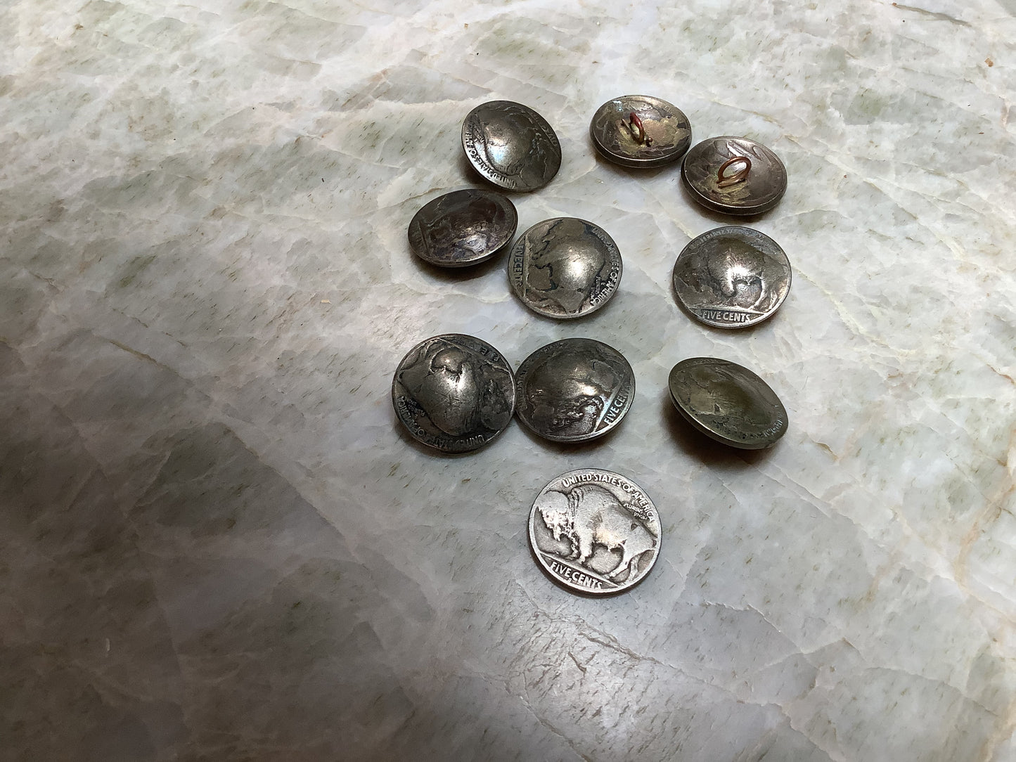 9 real buffalo nickel copper loop buttons from Billy Mitchell