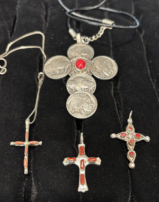 Collection of older Sterling Silver, Coral and/or Turquoise Cross Pendant - Vintage pieces