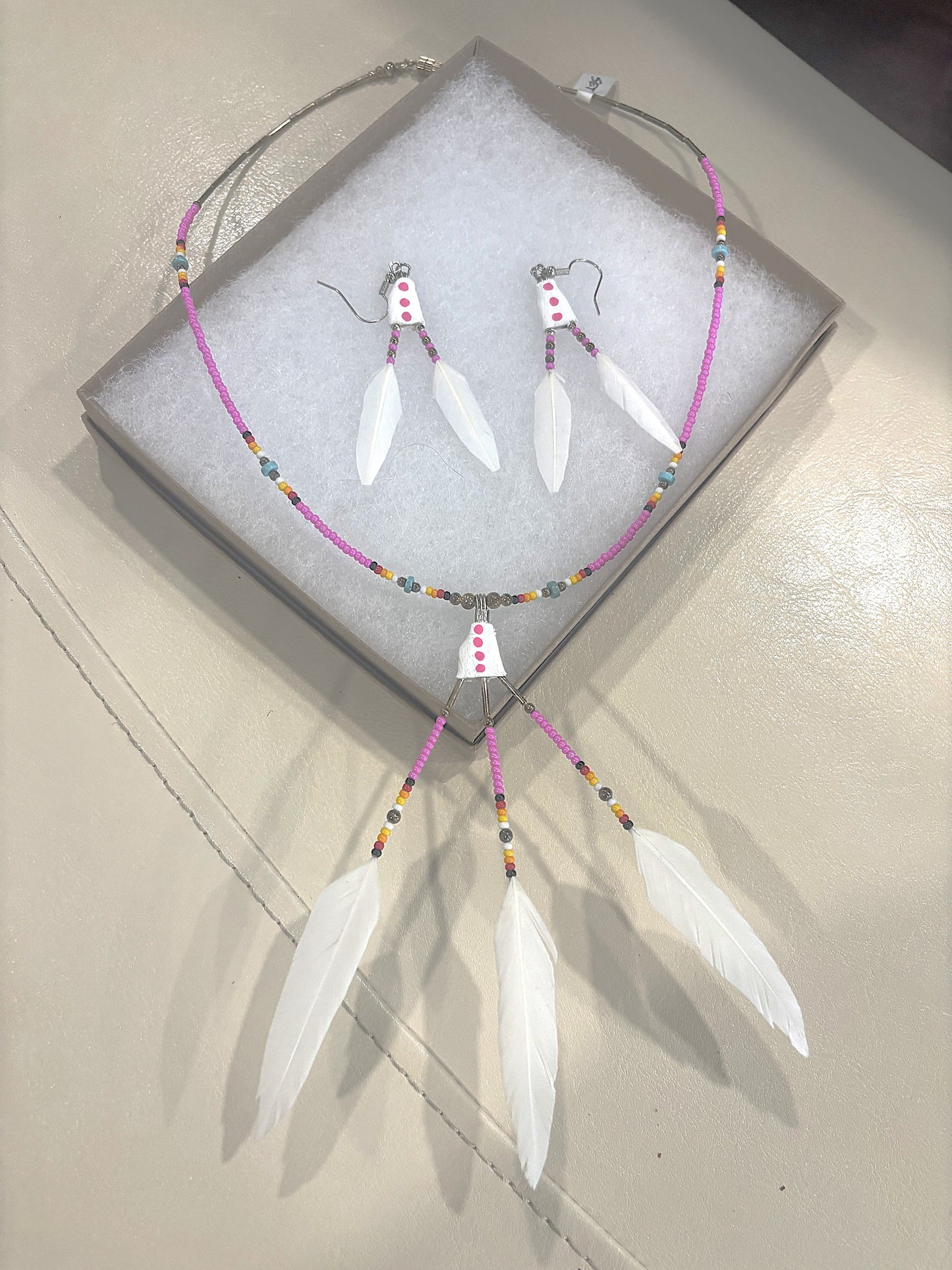 True Navajo Hand Made White Duck Feathers Beaded Necklace and Earrings Sets