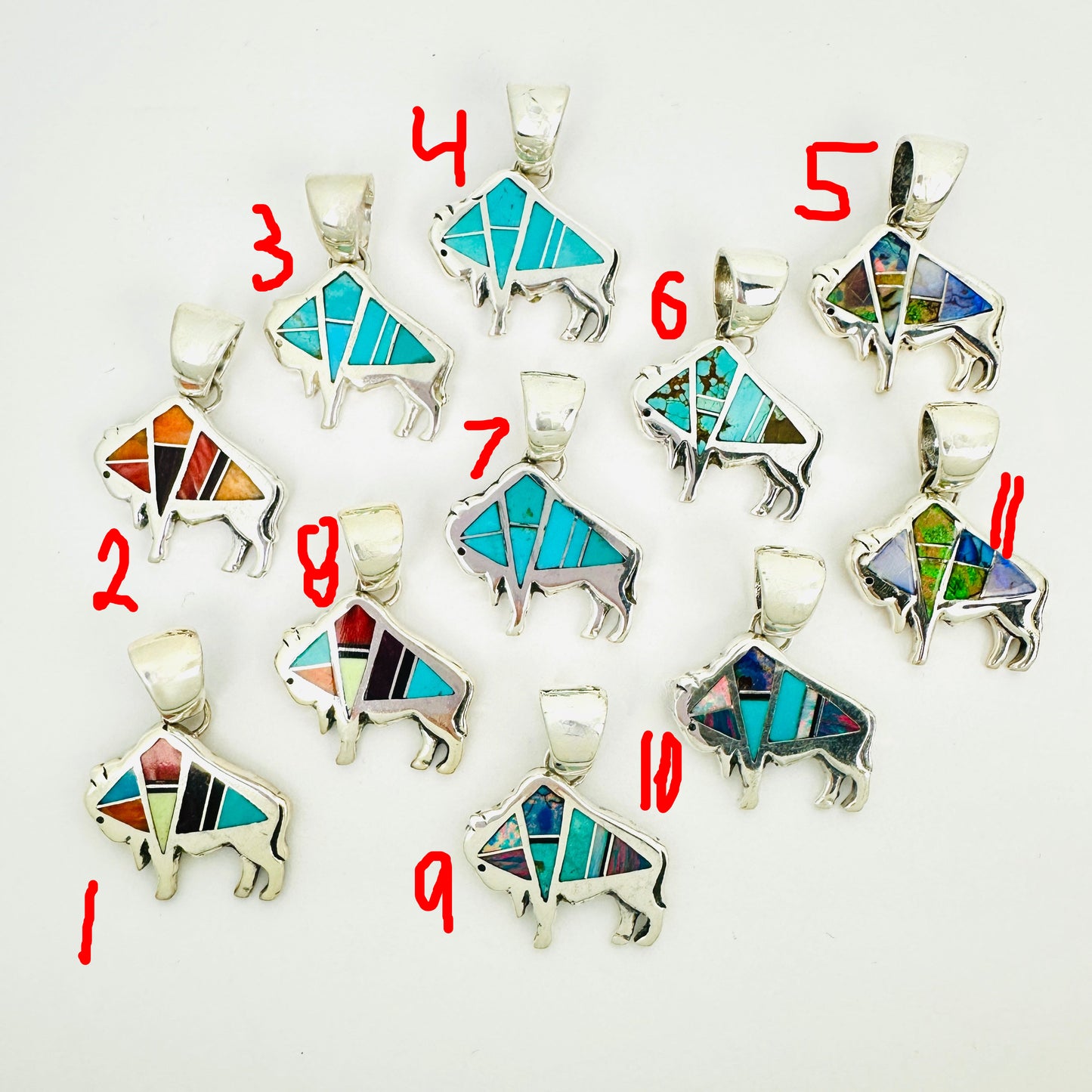 SILVER PEARL RANCH - Turquoise, Stone and Shell inlay Buffalo pendants