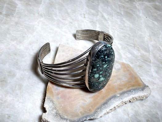 SPR - Sterling Silver Wire Cuff with Chrysocolla Stone