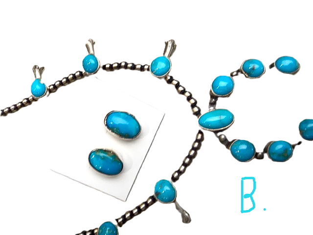SPR - Kingman Turquoise Navajo made Squash Blossom necklaces, with naja's