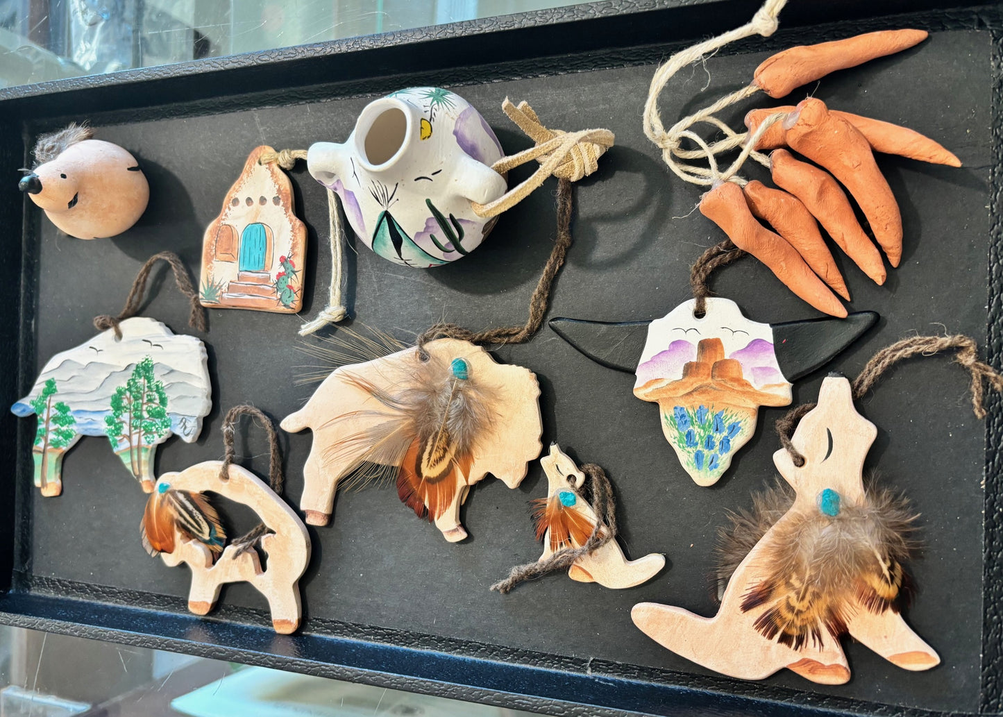 Sets of 6 Terra Cotta clay hand cast/hand painted Bison and Western Themed Christmas Ornaments