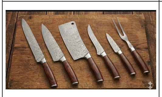 Damascus Chef Sets with Leather Knife Roll