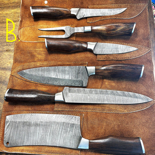 Damascus Chef Sets with Leather Knife Roll