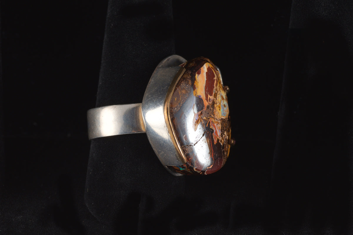 Men's Ring Sterling Silver and Australian Boulder Opal with Gold Trim