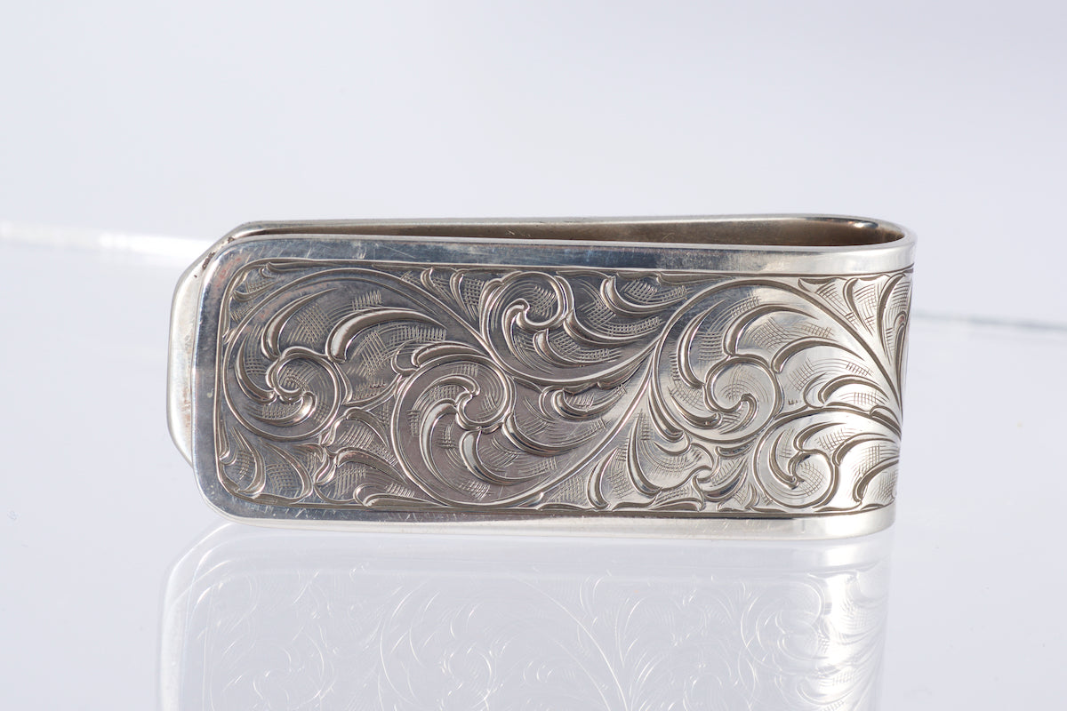 "Lonesome Dove" hand engraved solid sterling silver money clips