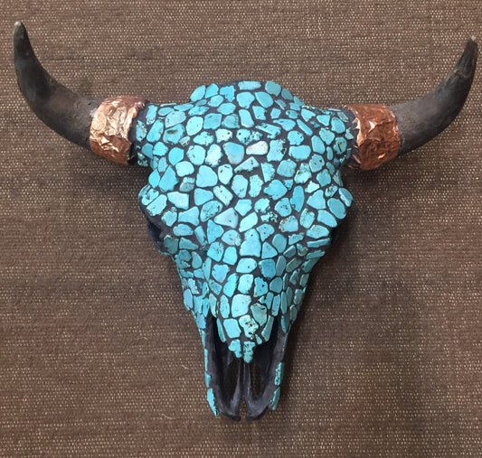 Blue Howlite overlayed bison bull skull