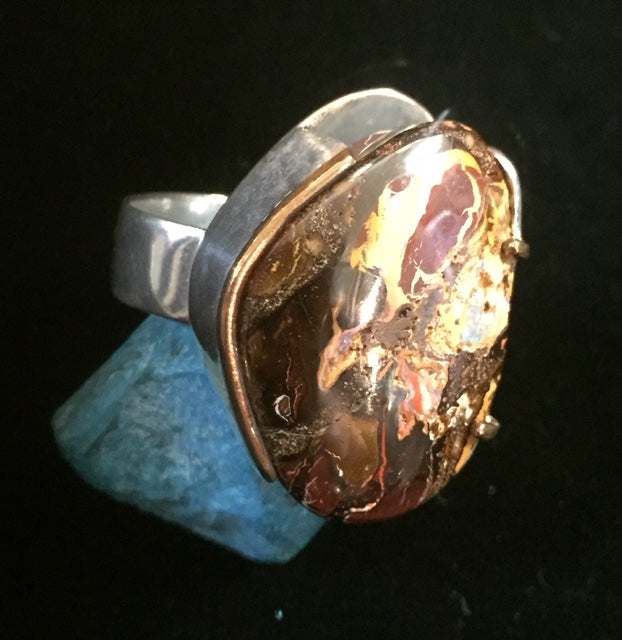 Men's Ring Sterling Silver and Australian Boulder Opal with Gold Trim
