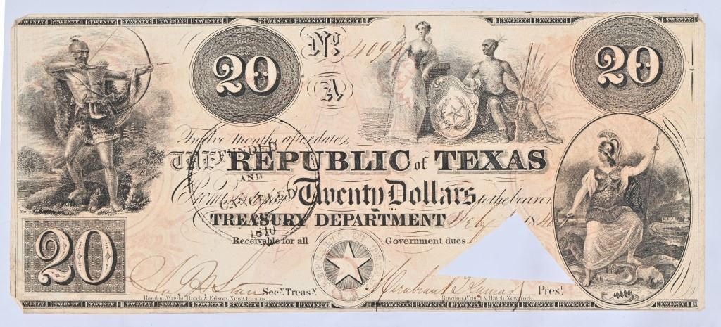 Republic of Texas -  Mirabeau Lamar Signed $20 Note