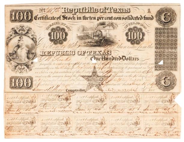 Texas Historic Paper - 1840 - Republic of Texas $100 Stock Certificate