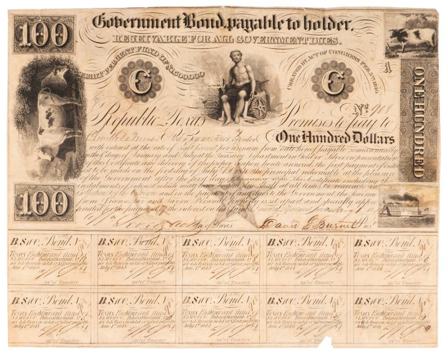 Texas Historic Paper - 1841- Republic of Texas $100 Stock Certificate