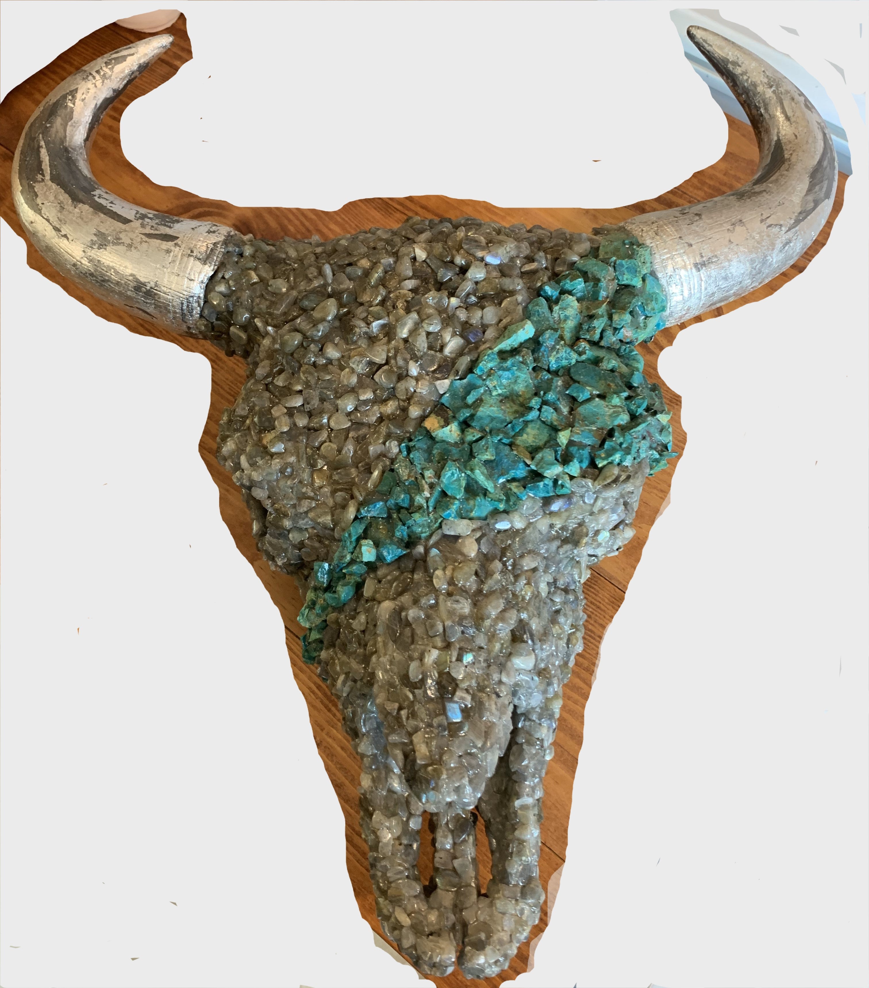 Chrysocolla and Labradorite overlay resin bison skull