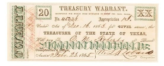 Historical Texas Paper - 1865 $20 State of Texas Treasury Warrant