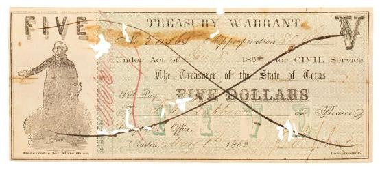 Texas Historic Paper - 1862 $5 Texas State Tresaury Warrants