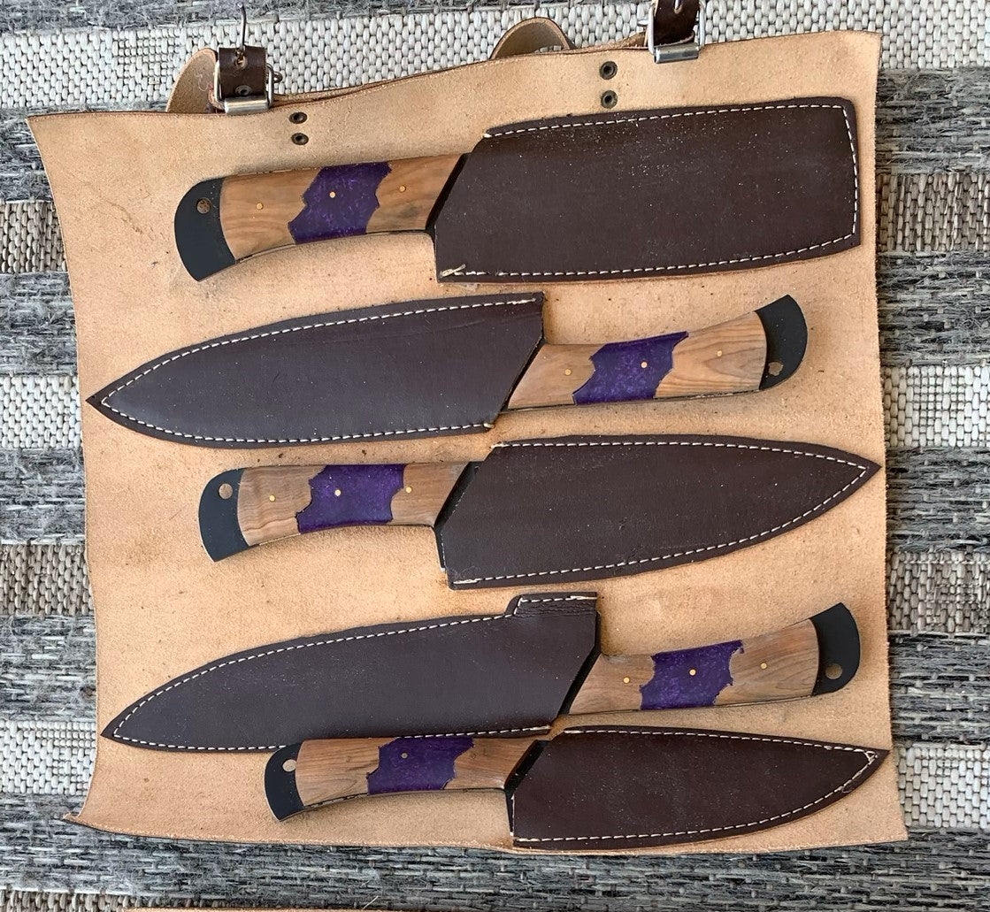 Damascus Steel Chef/Butcher 8 or 5 piece sets with suede knife roll