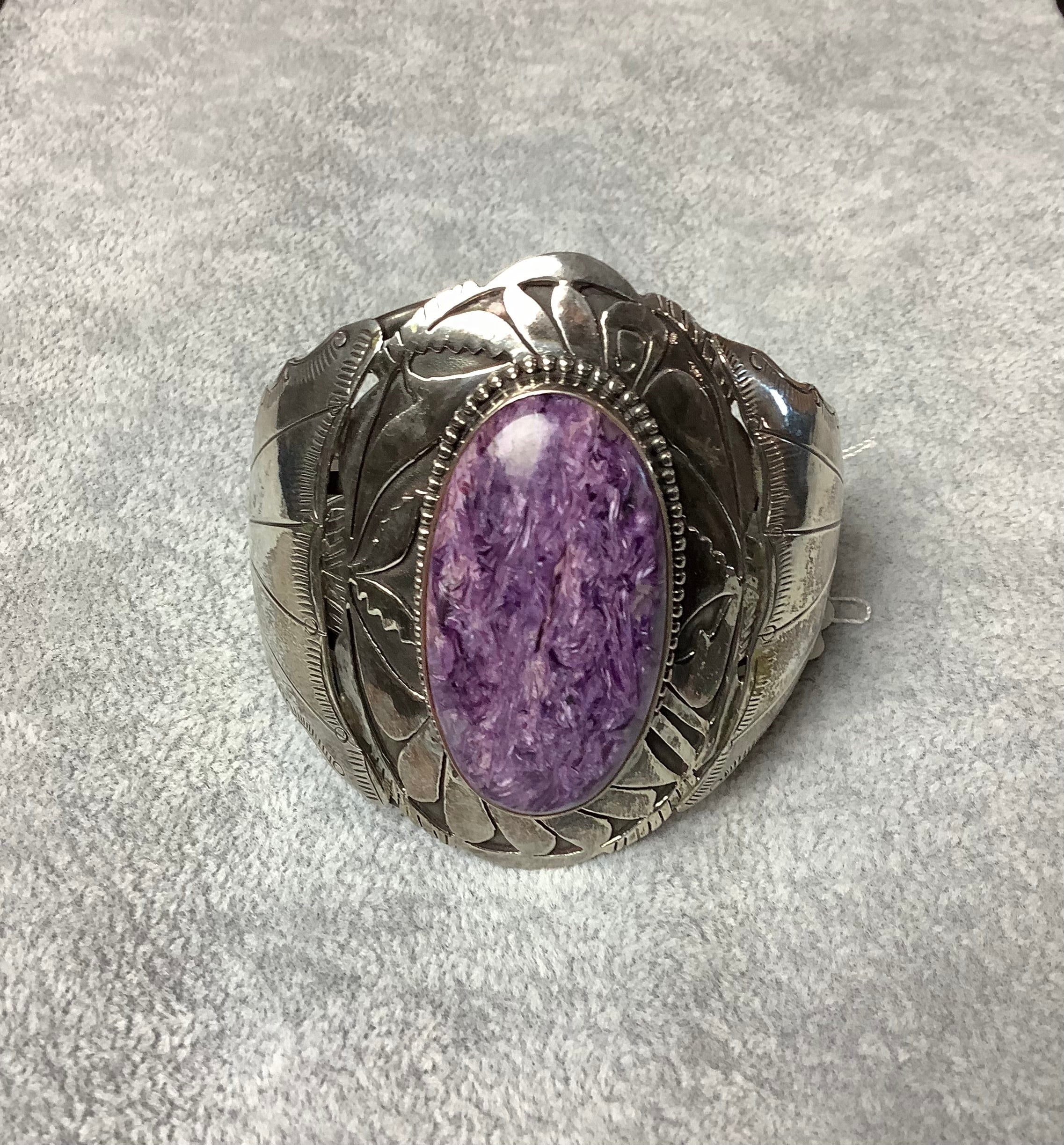 Huge Sugilite Cabochon in lightweight and wide/open sterling silver cuff