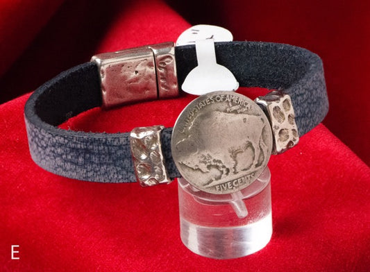 Bison Leather Bracelets by Cathy Crelling - 7.5" Dark Blue Buffalo Nickel