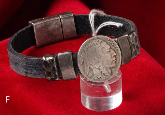 Bison Leather Bracelets by Cathy Crelling - 6.75" / Silver / Buffalo Nickel