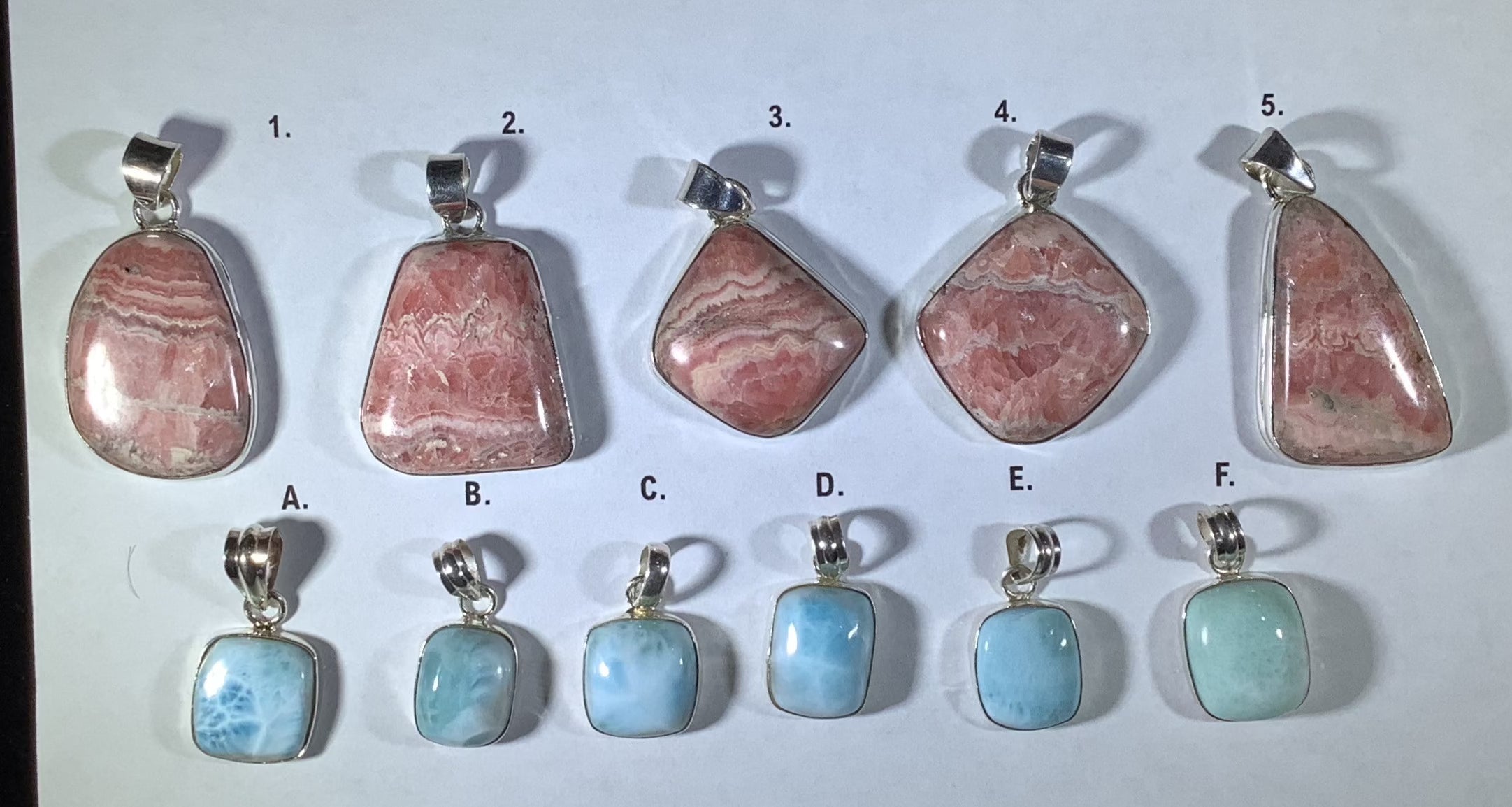 Larimar and Rodochrosite pendants
