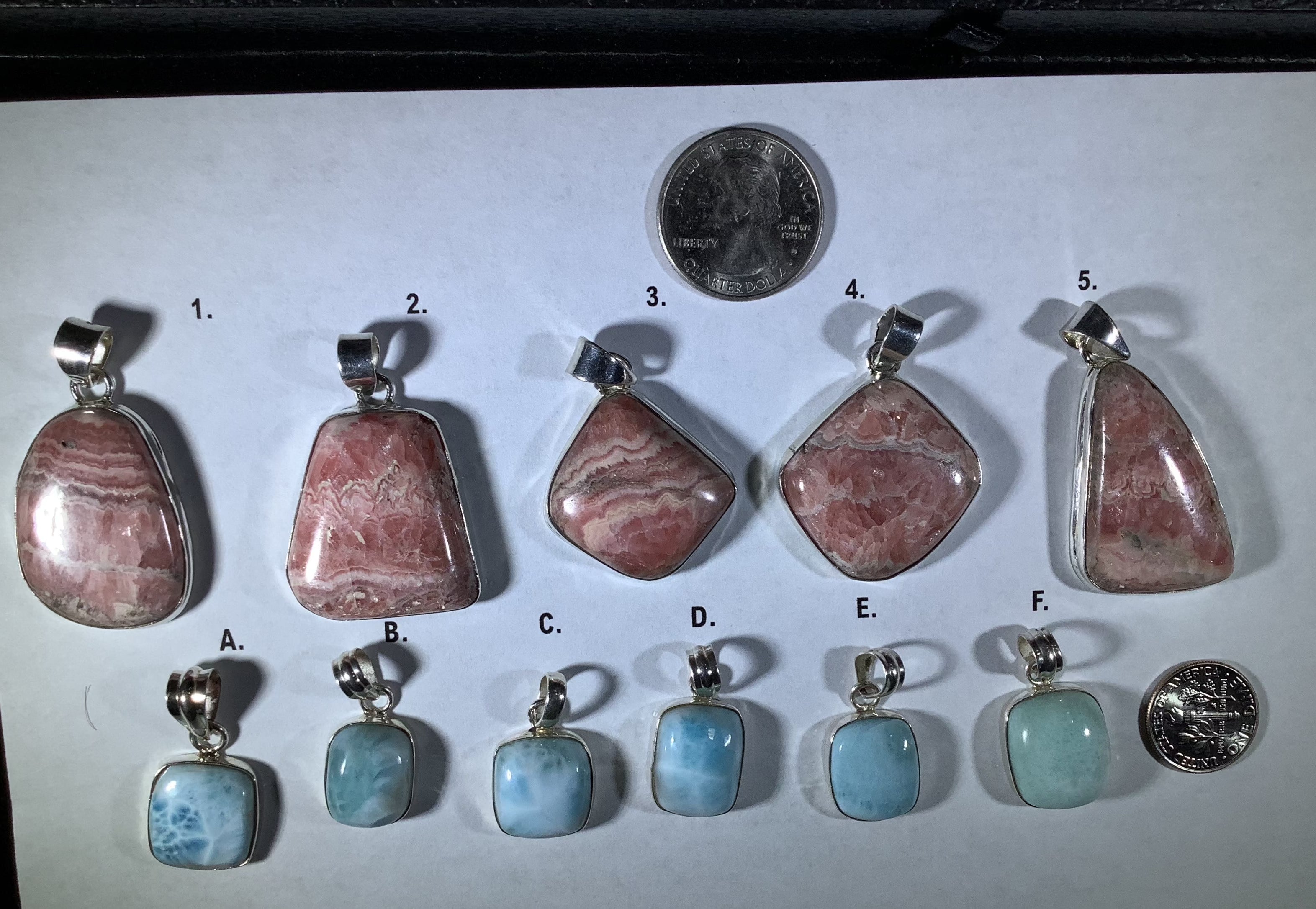 Larimar and Rodochrosite pendants