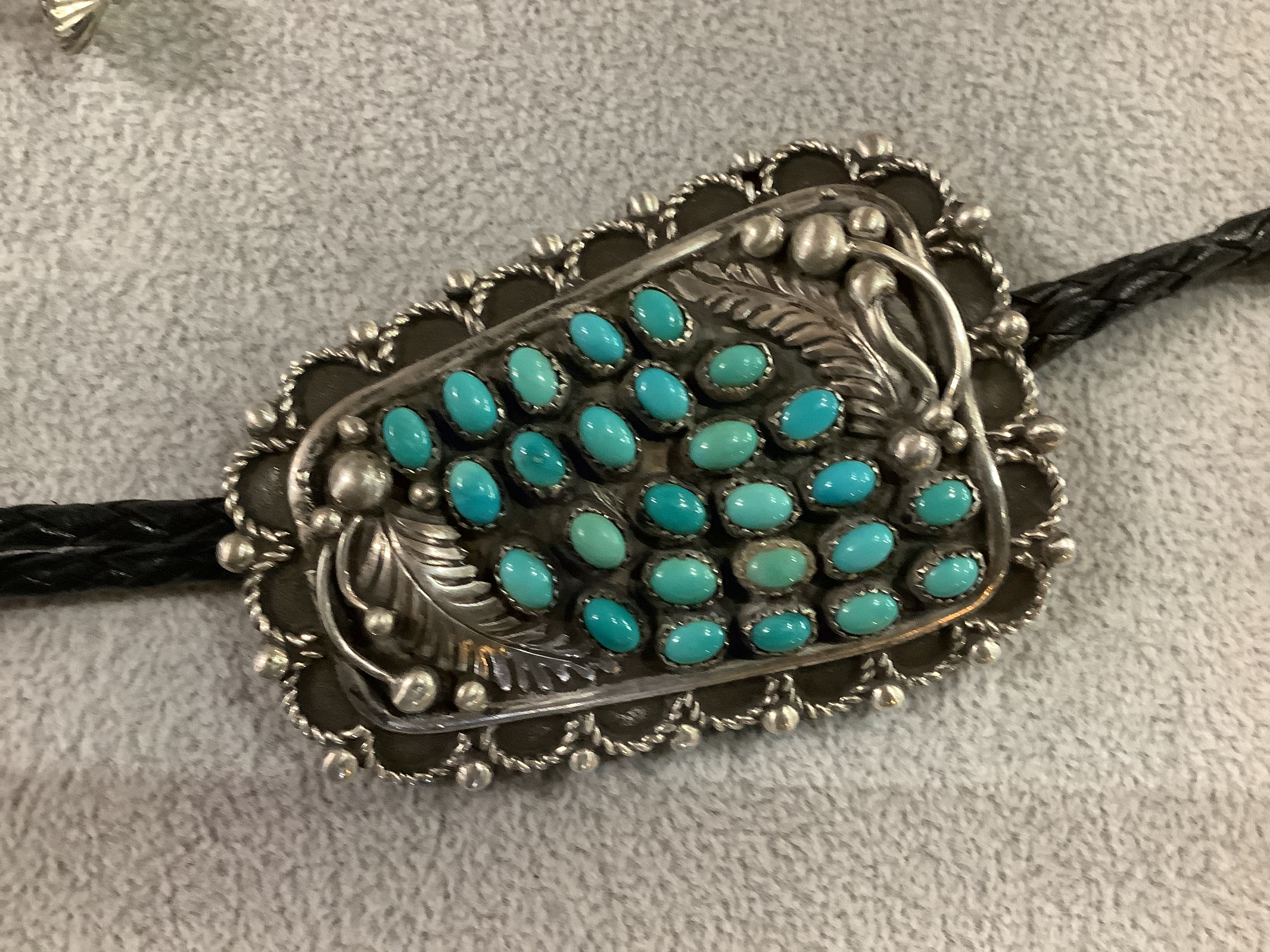 Vintage - Heavy Sterling Silver and Turquoise Needlepoint Bolo Tie
