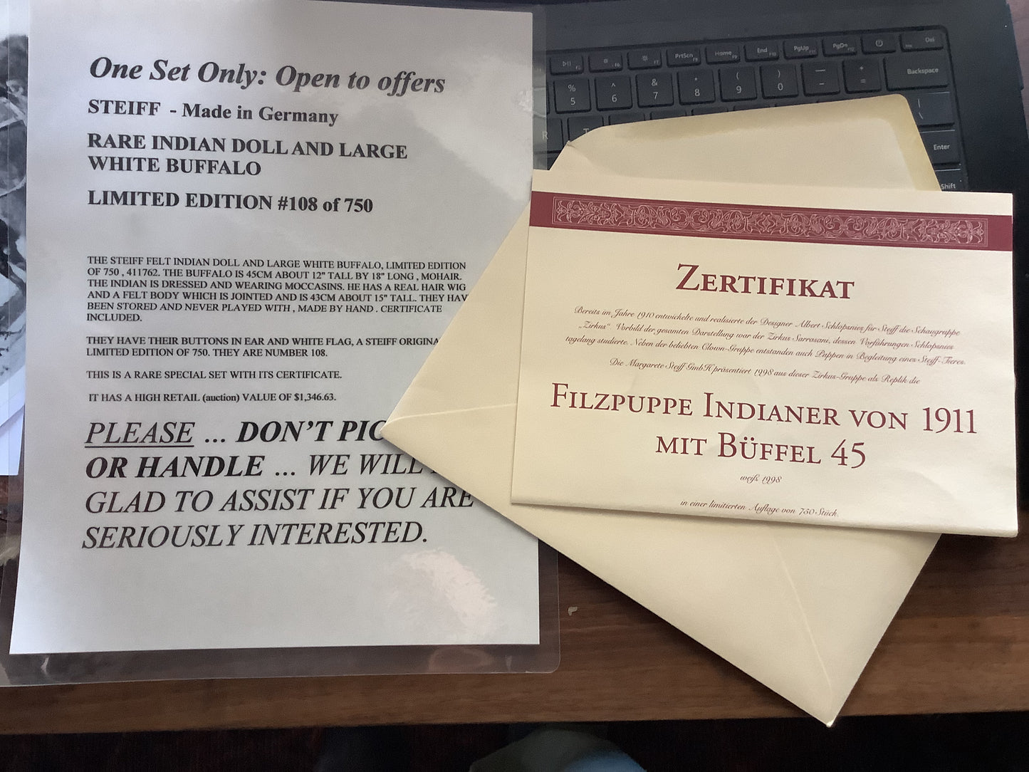 Steiff Felt Indian Doll  and White Buffalo, Limited Edition 1998,