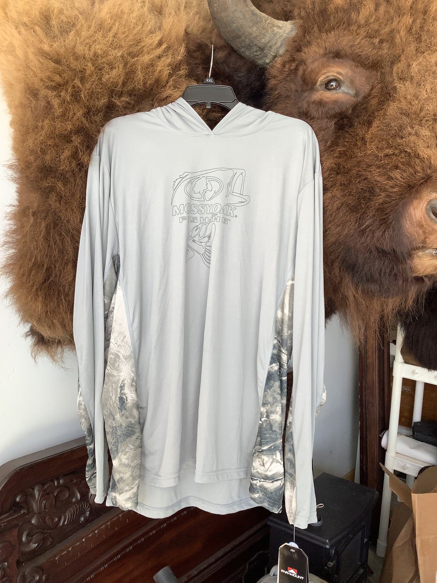 Mens sized silver/grey w/camo fishing, working, casual, poly blend sun shirts