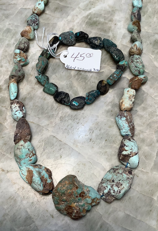 Natural spiderweb turquoise bracelet and Natural Turquoise nugget necklace