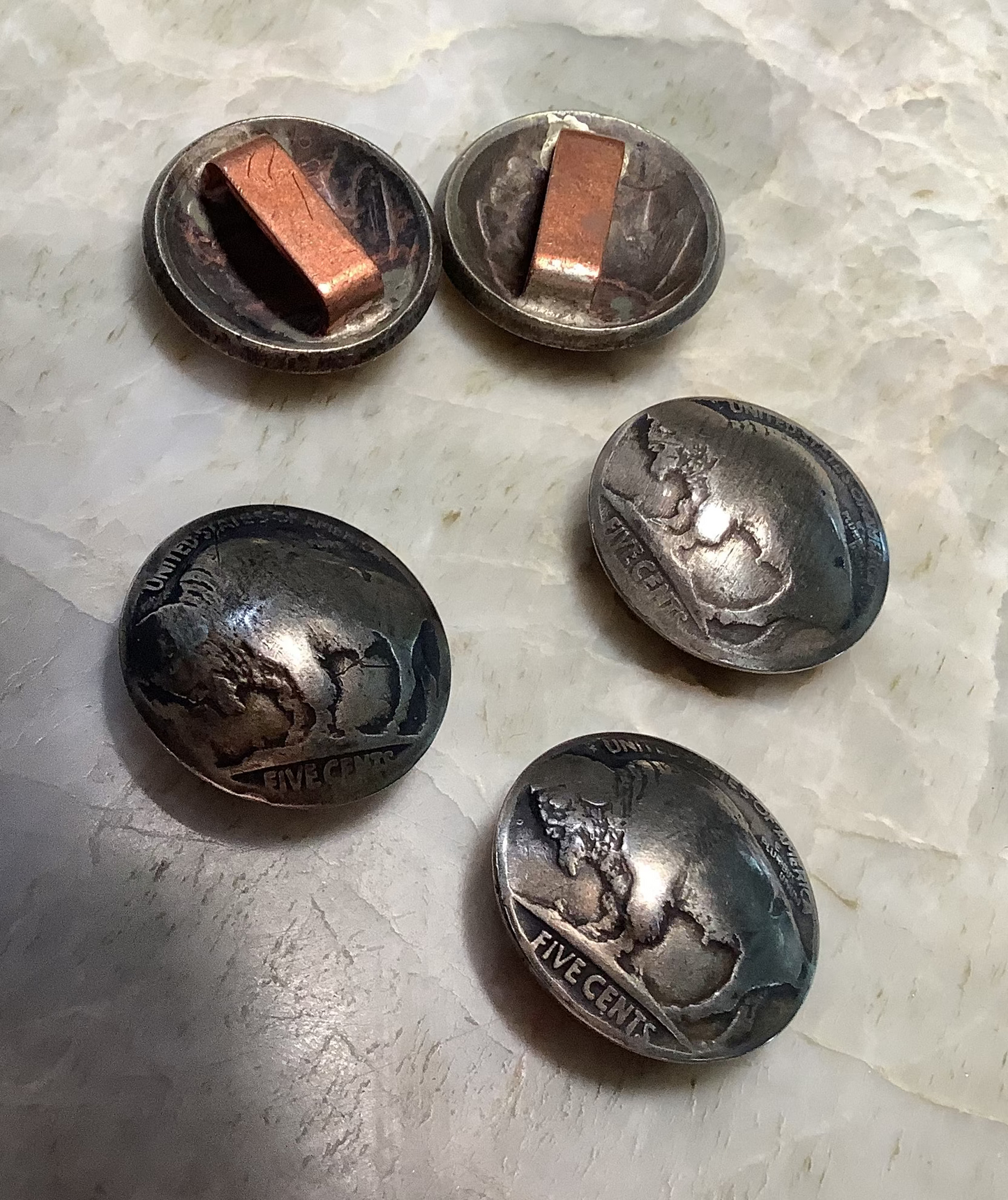 Buffalo Nickel button concho's with copper band/loop on back