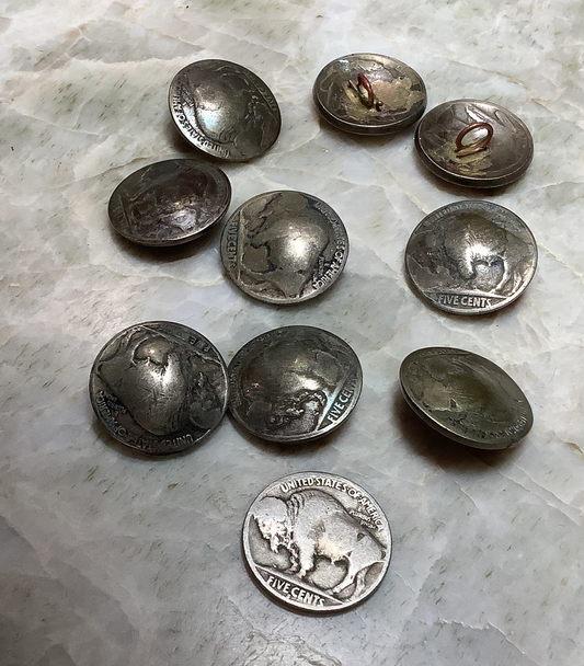 9 real buffalo nickel copper loop buttons from Billy Mitchell