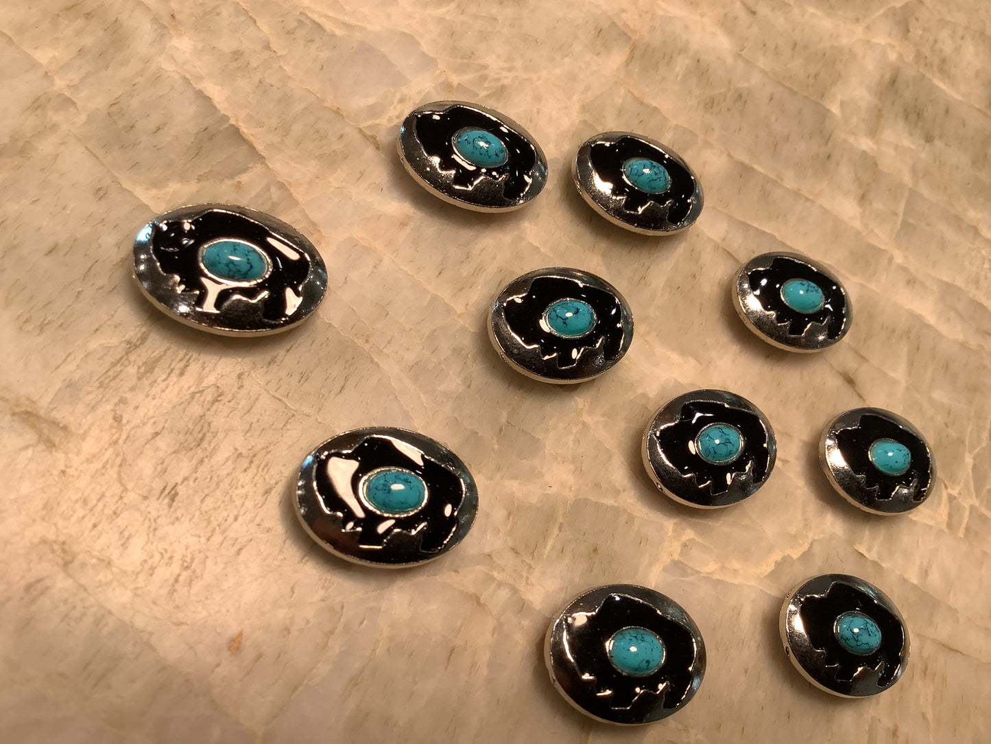 Silver Colored with Black bison and fake turquoise - screw back buttons/conchos