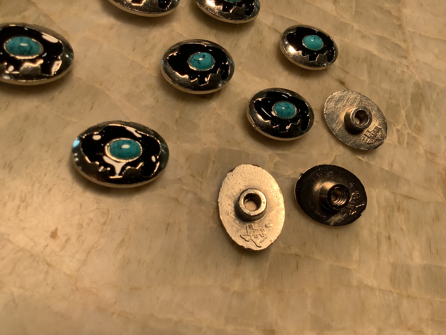 Silver Colored with Black bison and fake turquoise - screw back buttons/conchos