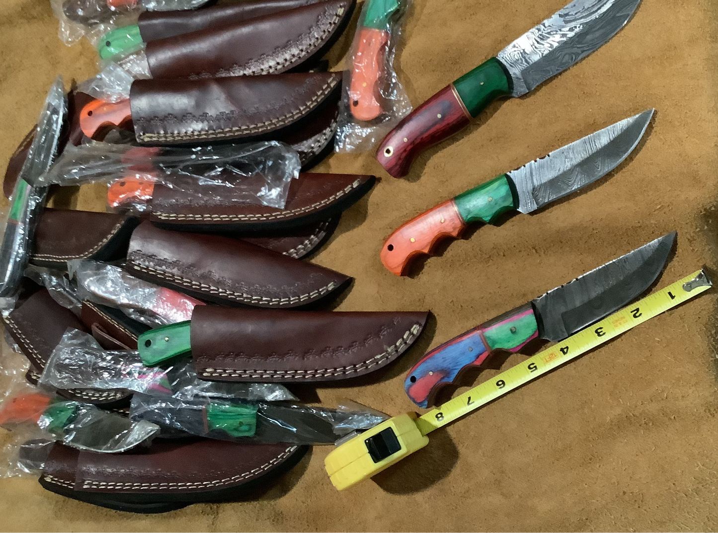 WHOLESALE LOTS #27 - True Damascus Steel - fixed blade hunter's with leather belt sheath