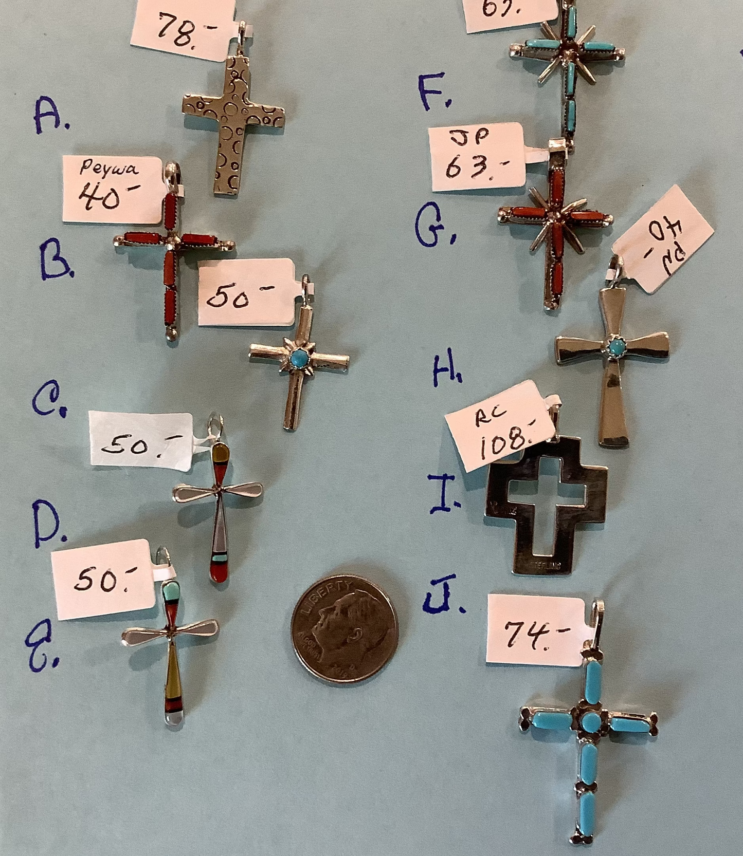 SPR - Sterling Silver Crosses - Some with Turquoise, some with Red Coral and some  just silver .