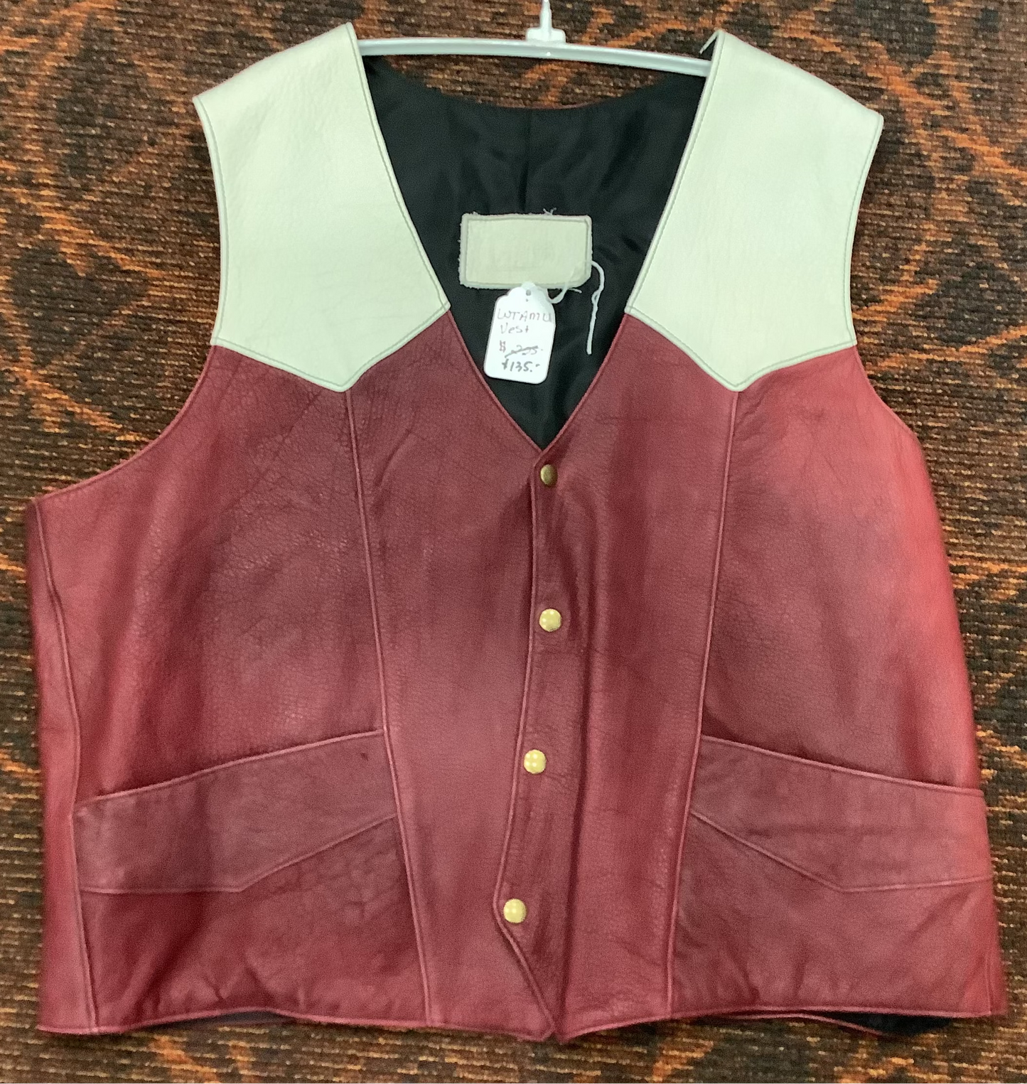 2026 BEST VEST SALE  -Maroon and White Bison Leather Mens 2XL