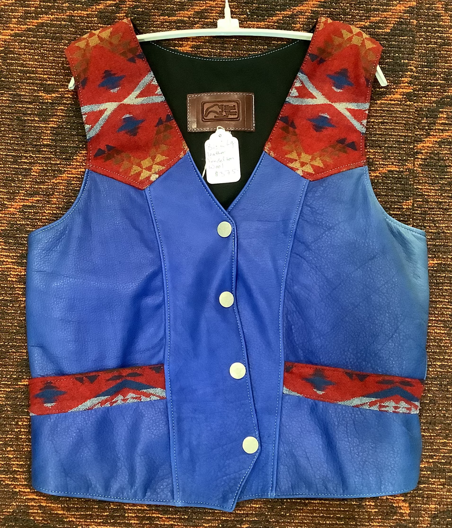 2026 BEST VEST SALE - Ladies - Blue w/ Red Fabric trim Bison Leather vest w/conceal carry pocket - large