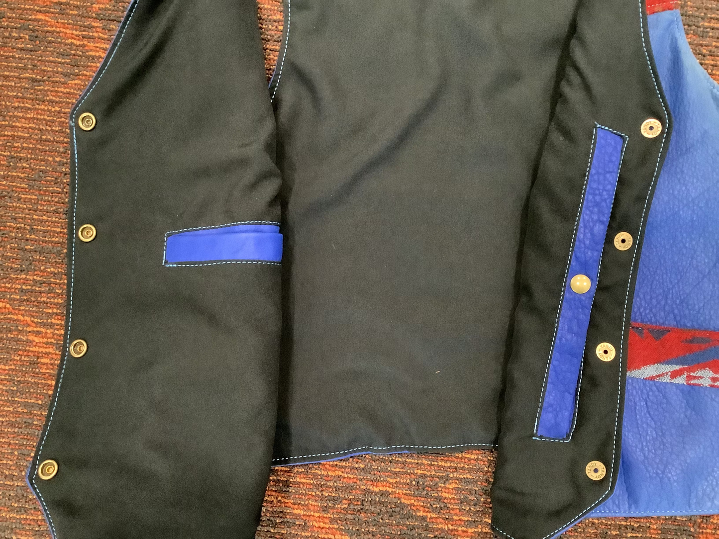 2026 BEST VEST SALE - Ladies - Blue w/ Red Fabric trim Bison Leather vest w/conceal carry pocket - large