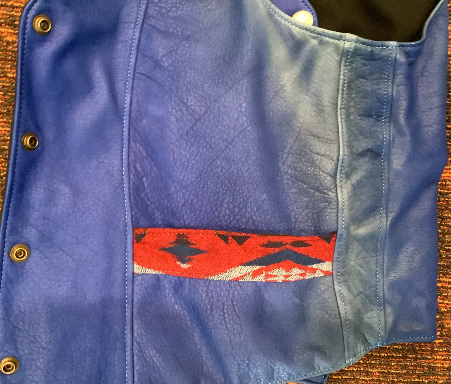 2026 BEST VEST SALE - Ladies - Blue w/ Red Fabric trim Bison Leather vest w/conceal carry pocket - large