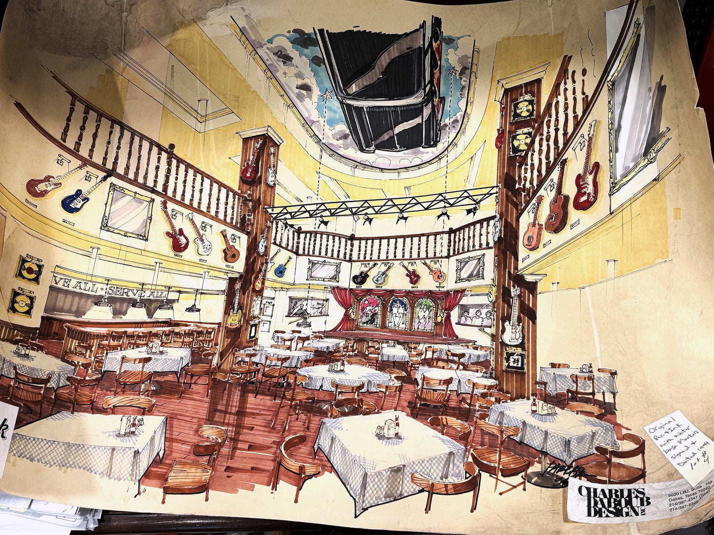Hard Rock Café – San Antonio Hand-Rendered Interior Concept Original 1994 Watercolor Marker Illustration | 30” x 21”