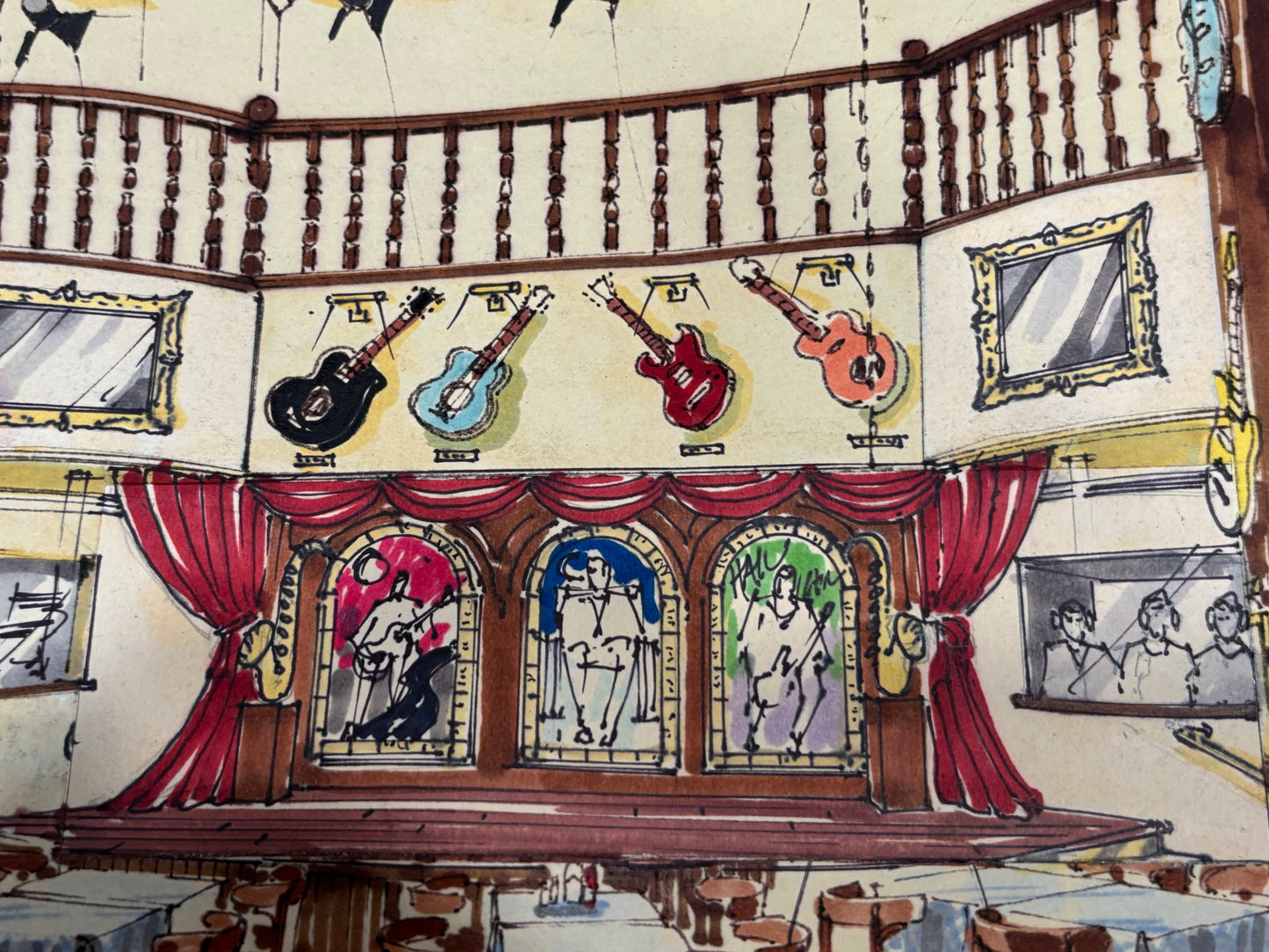 Hard Rock Café – San Antonio Hand-Rendered Interior Concept Original 1994 Watercolor Marker Illustration | 30” x 21”