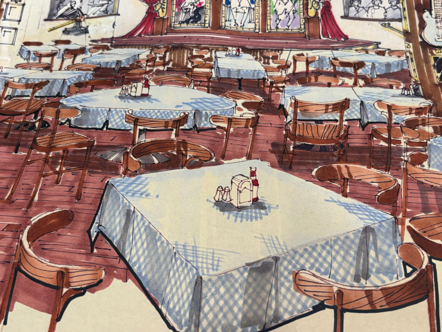 Hard Rock Café – San Antonio Hand-Rendered Interior Concept Original 1994 Watercolor Marker Illustration | 30” x 21”