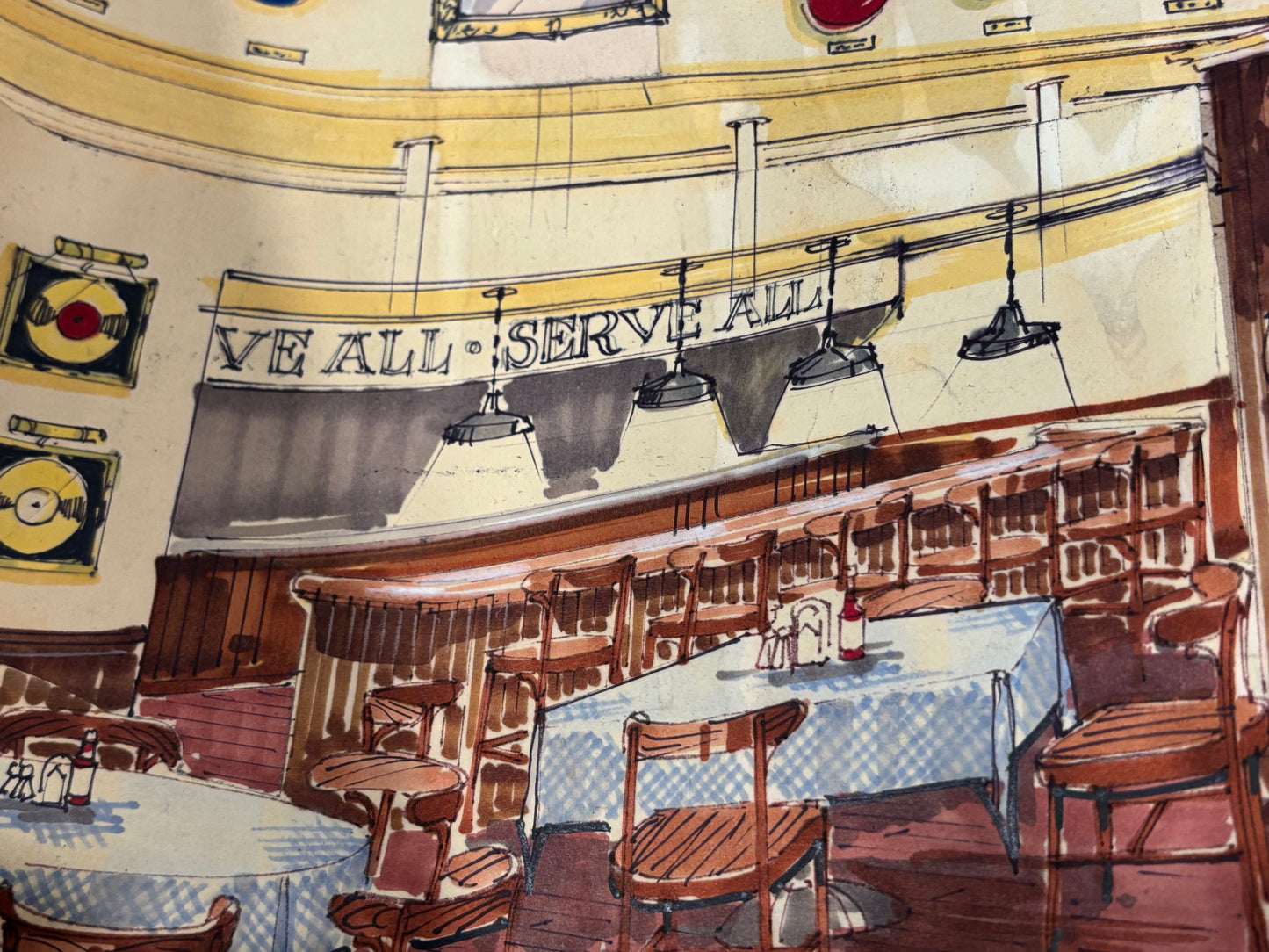 Hard Rock Café – San Antonio Hand-Rendered Interior Concept Original 1994 Watercolor Marker Illustration | 30” x 21”
