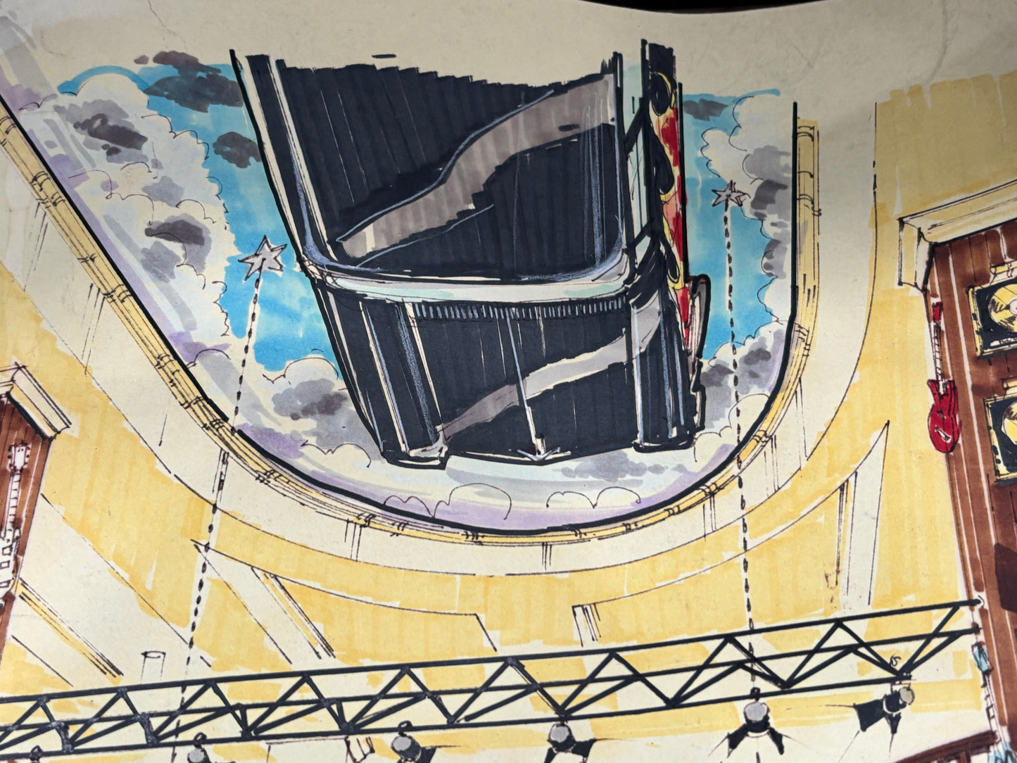 Hard Rock Café – San Antonio Hand-Rendered Interior Concept Original 1994 Watercolor Marker Illustration | 30” x 21”