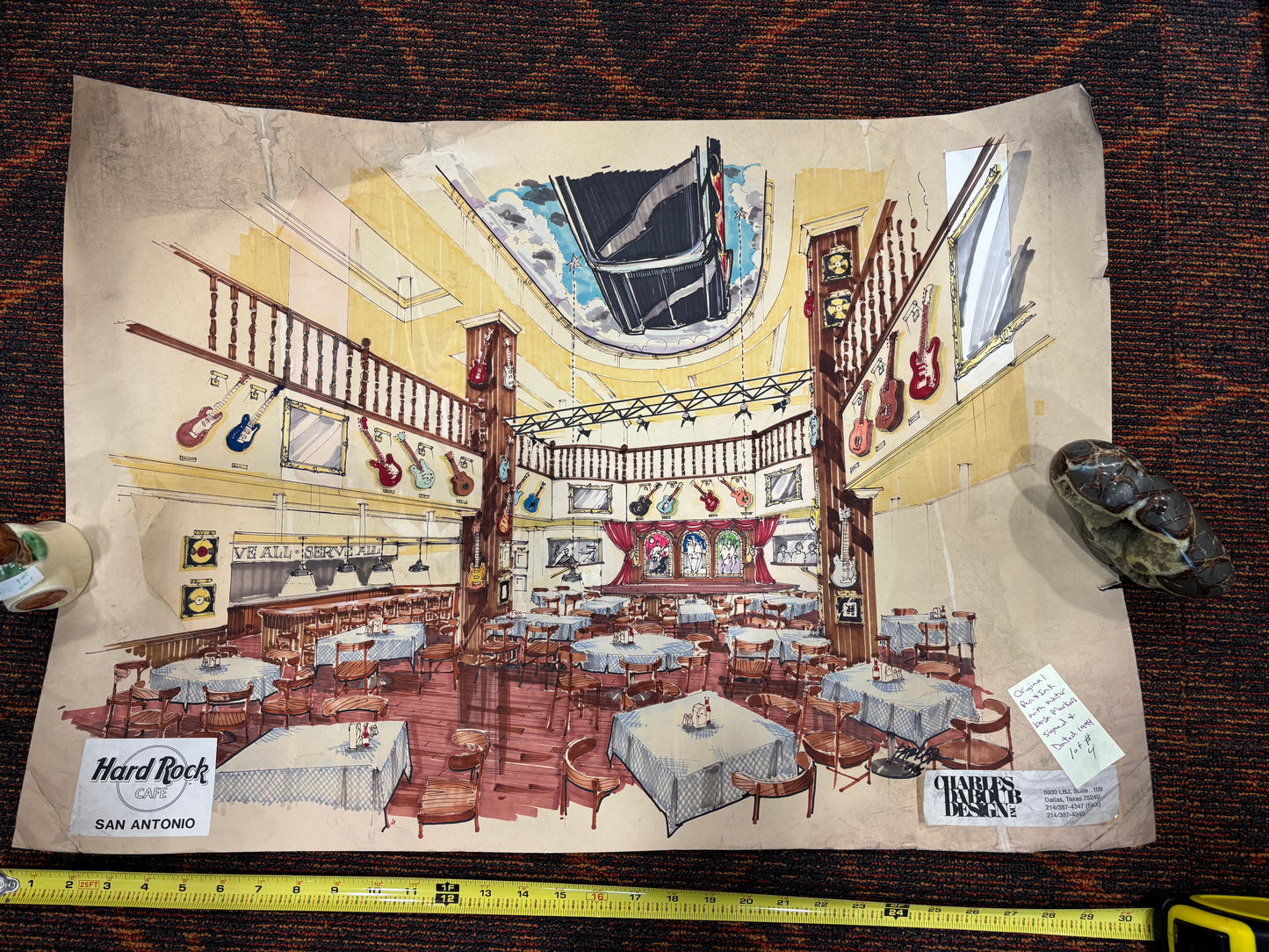 Hard Rock Café – San Antonio Hand-Rendered Interior Concept Original 1994 Watercolor Marker Illustration | 30” x 21”
